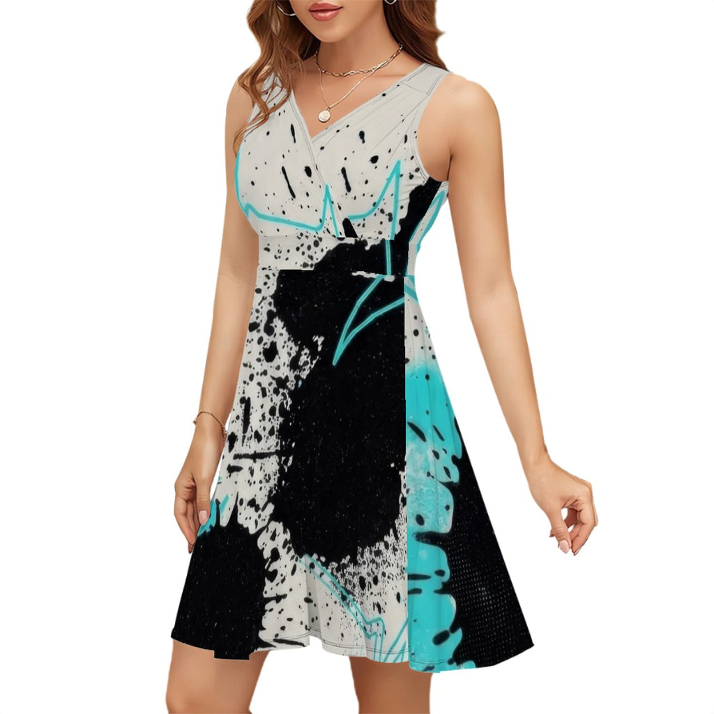 Red & Black Splash Sleeveless V-Neck Dress
