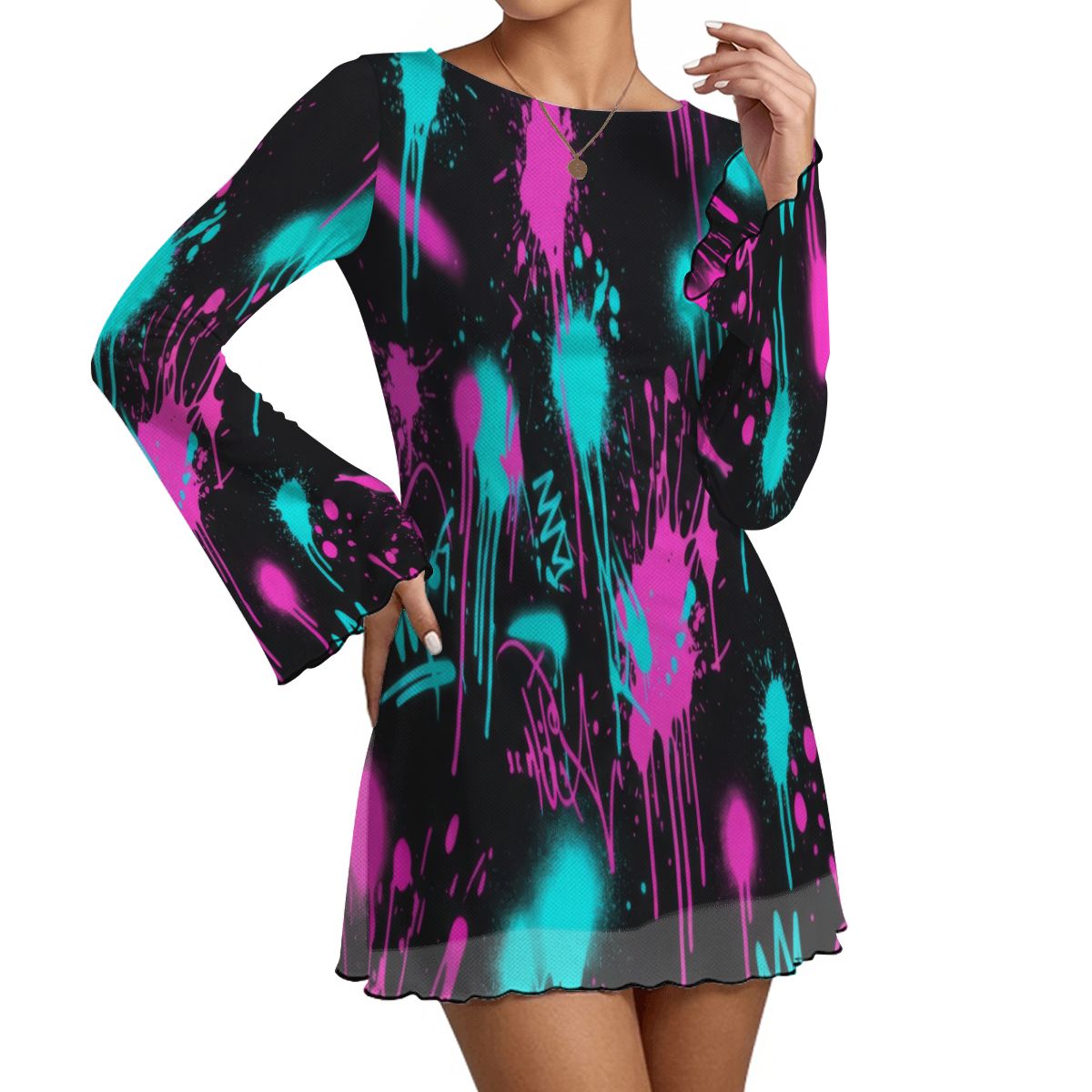 Splatter Print Bell Sleeve Mesh Dress