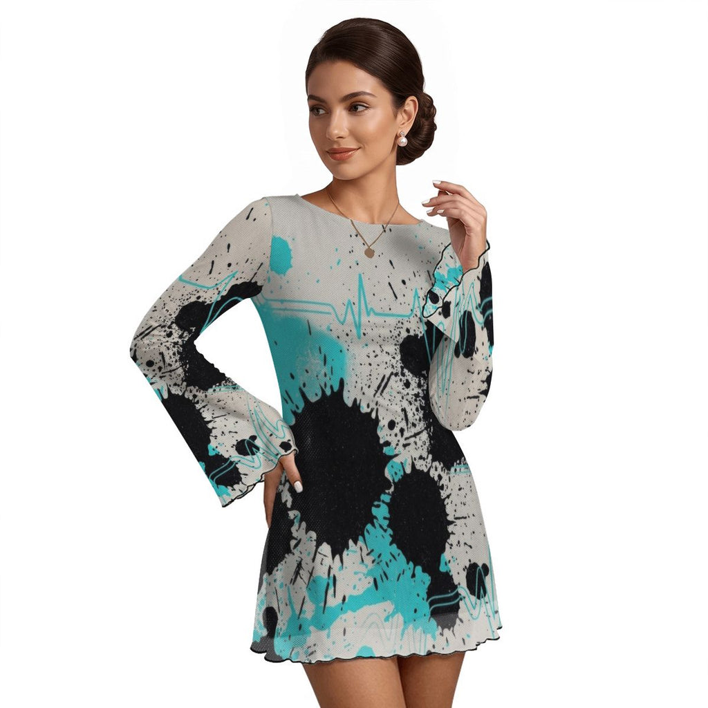 Splatter Print Bell Sleeve Mesh Dress