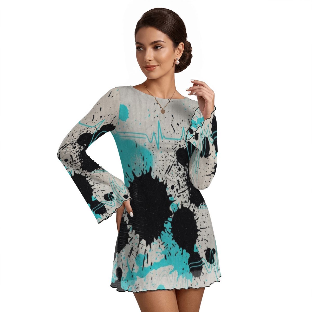 Splatter Print Bell Sleeve Mesh Dress