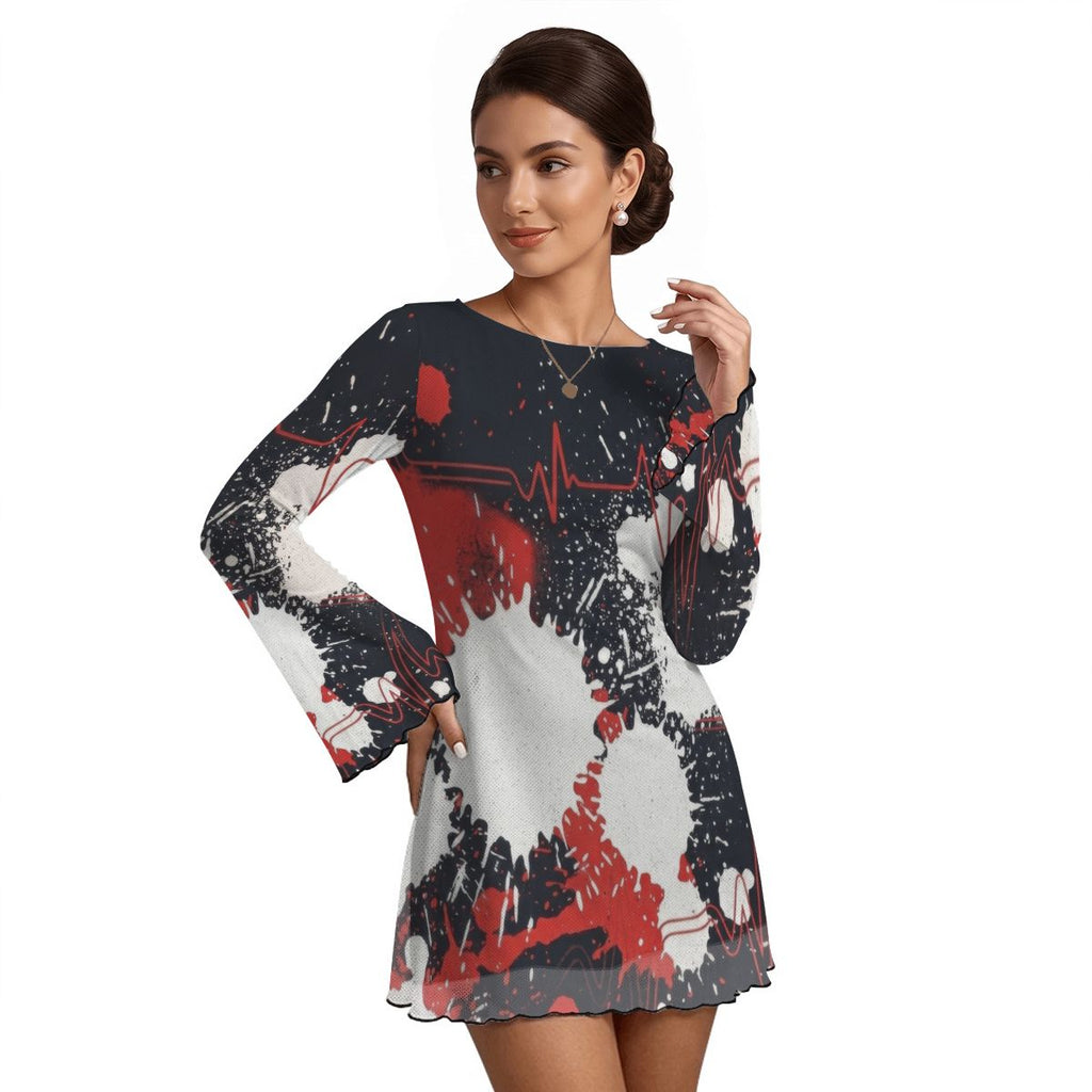 Splatter Print Bell Sleeve Mesh Dress