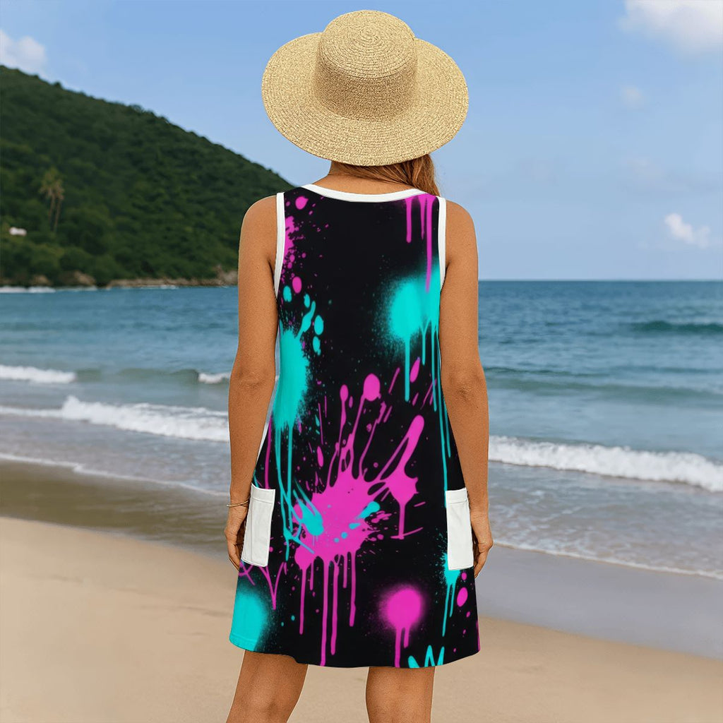 Red Splash Print Sleeveless Dress with Pockets