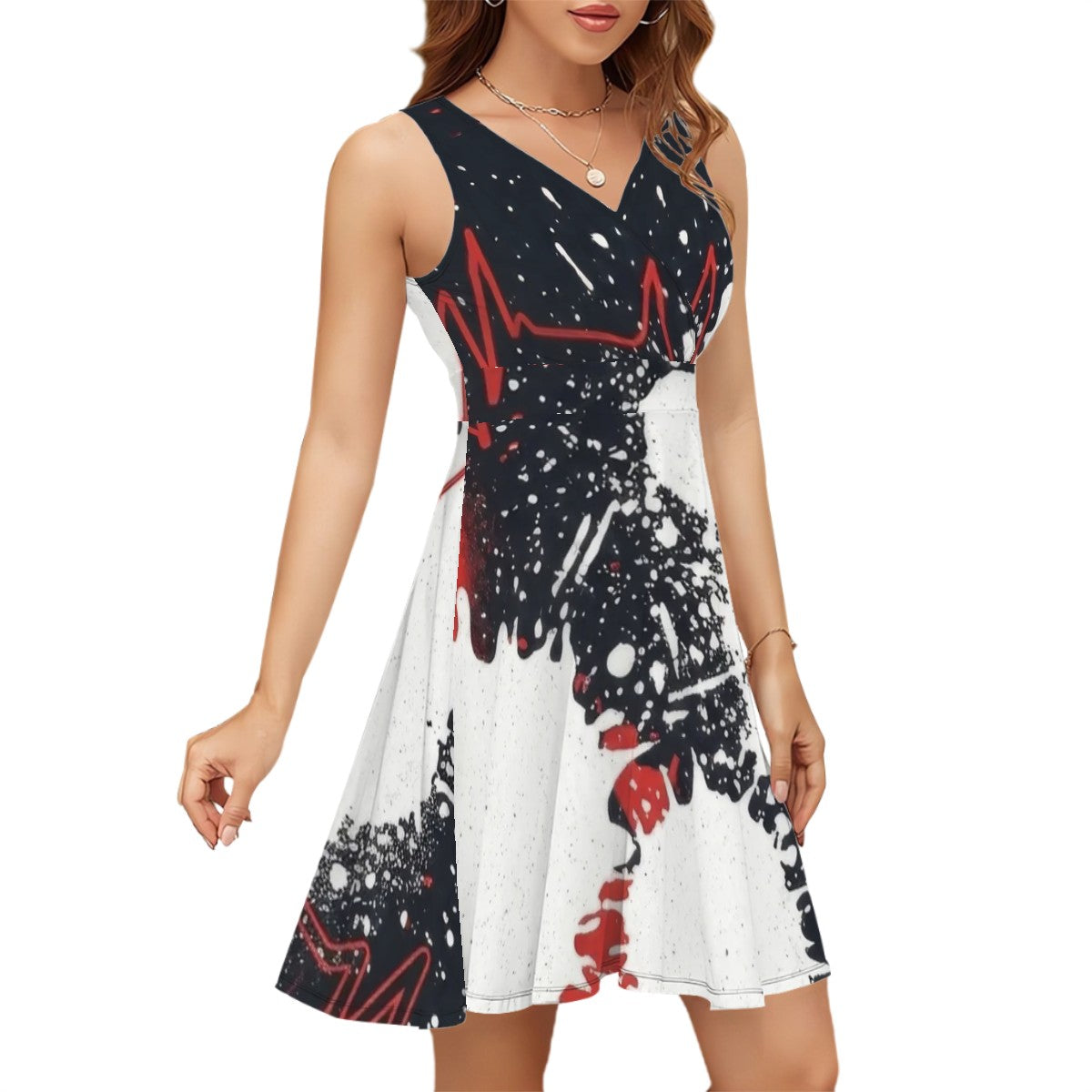 Red & Black Splash Sleeveless V-Neck Dress