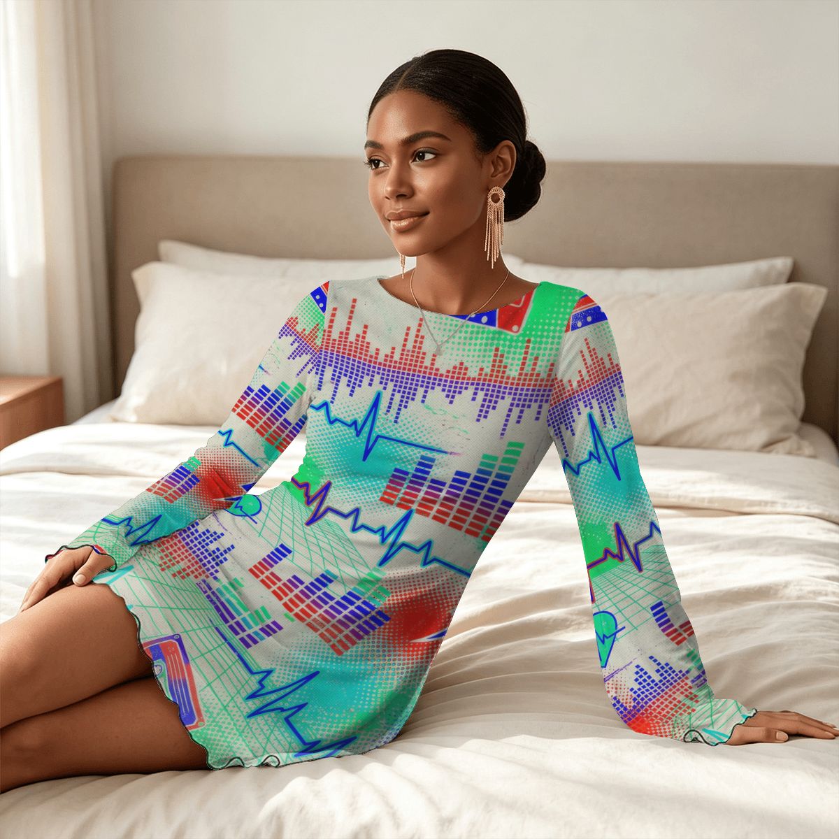 Splatter Print Bell Sleeve Mesh Dress