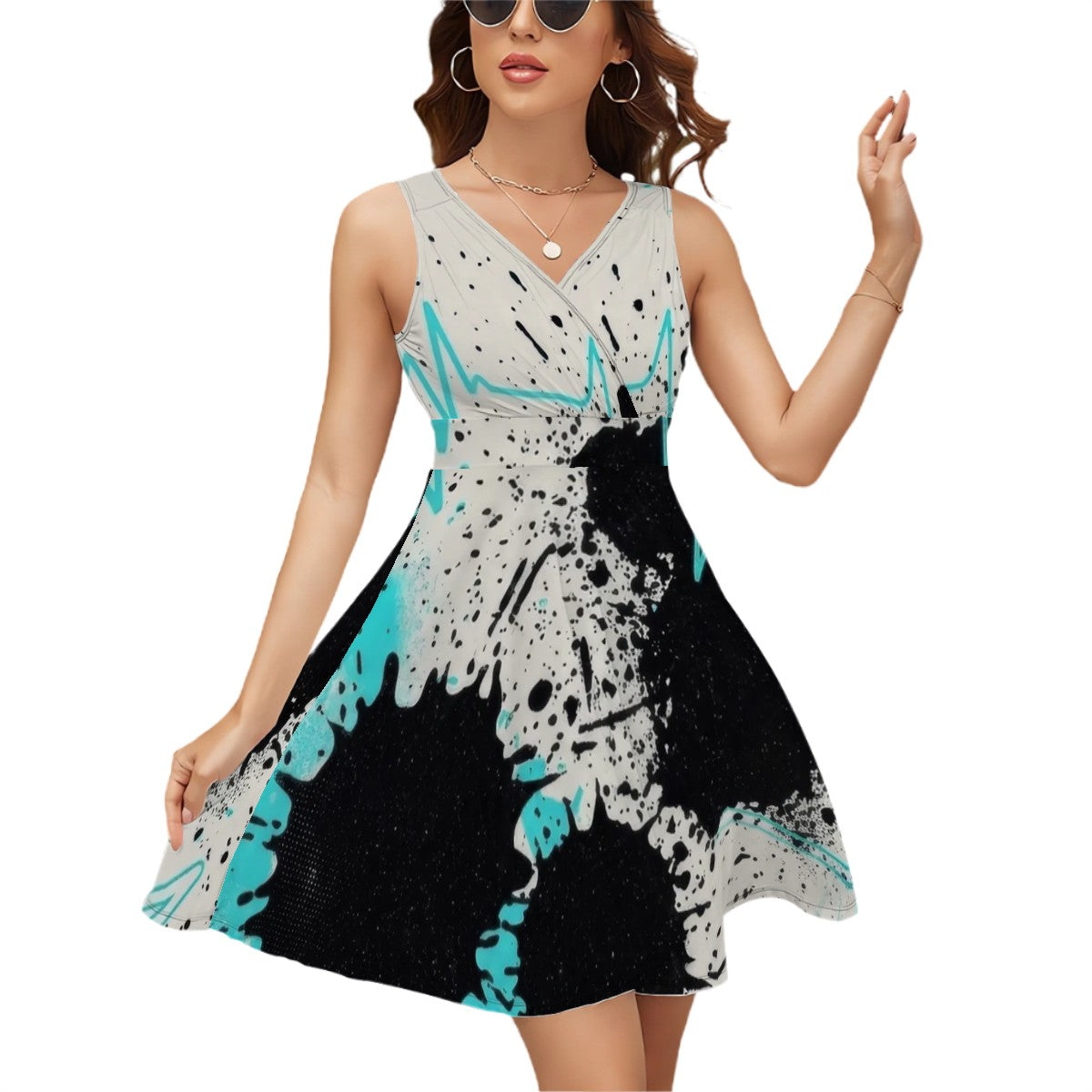 Red & Black Splash Sleeveless V-Neck Dress