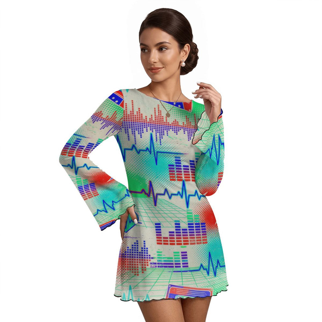 Splatter Print Bell Sleeve Mesh Dress