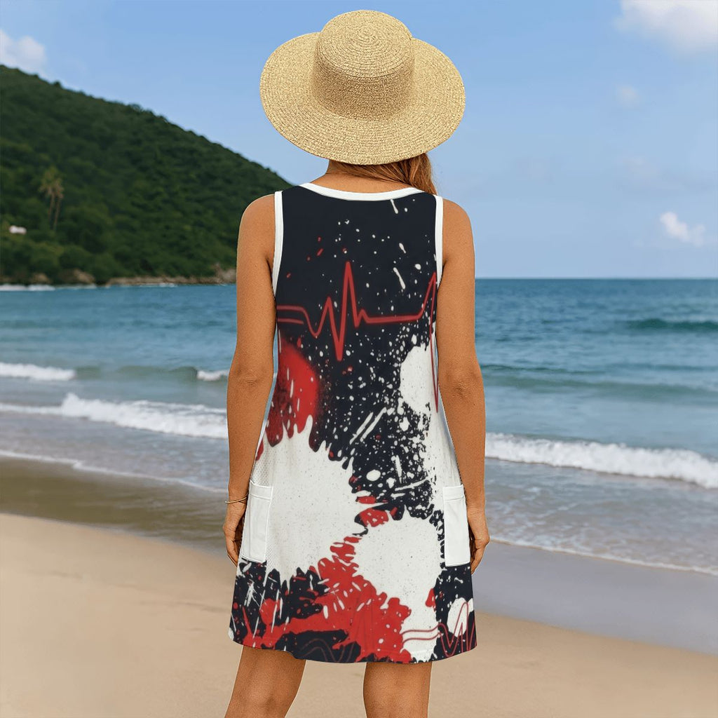 Red Splash Print Sleeveless Dress with Pockets