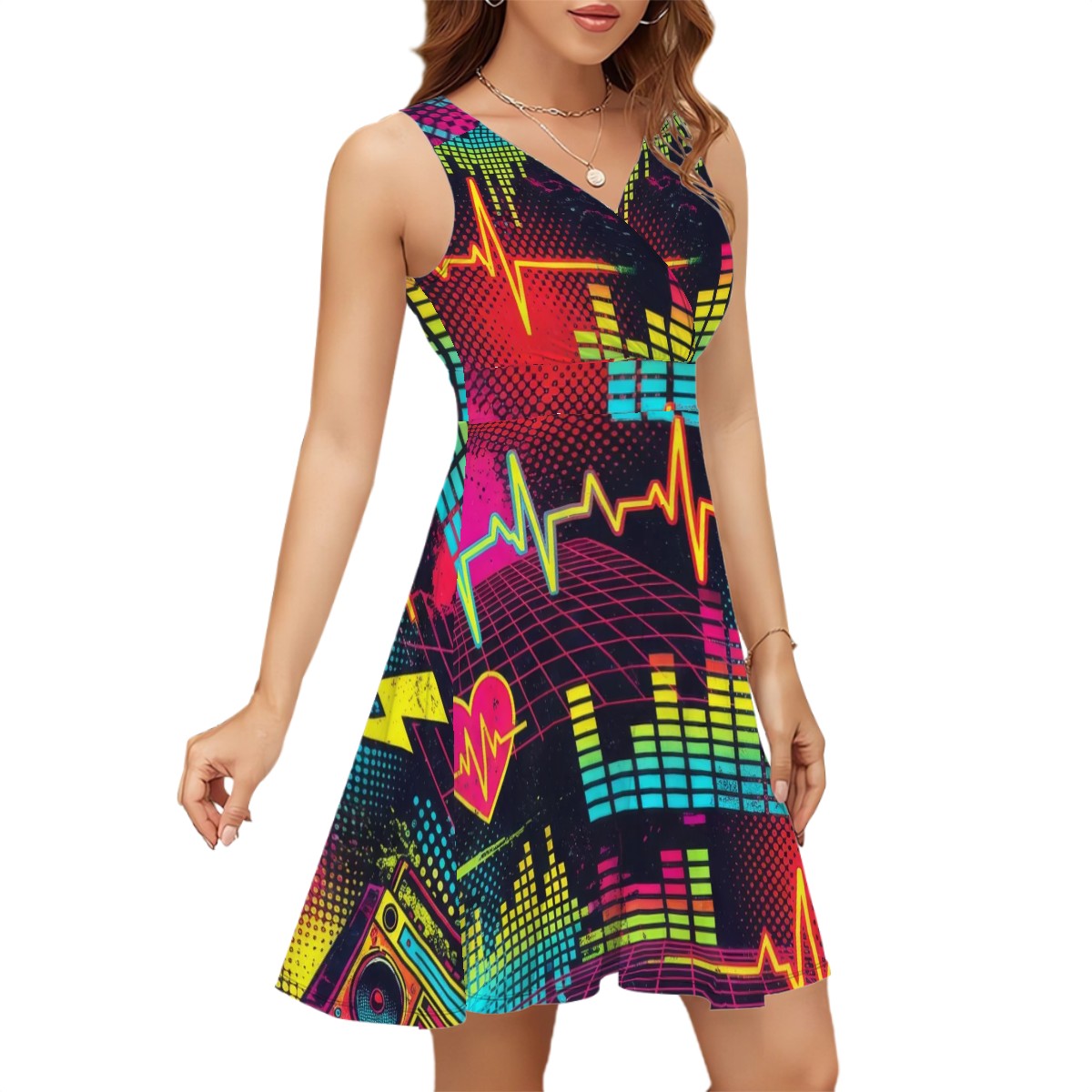 Red & Black Splash Sleeveless V-Neck Dress