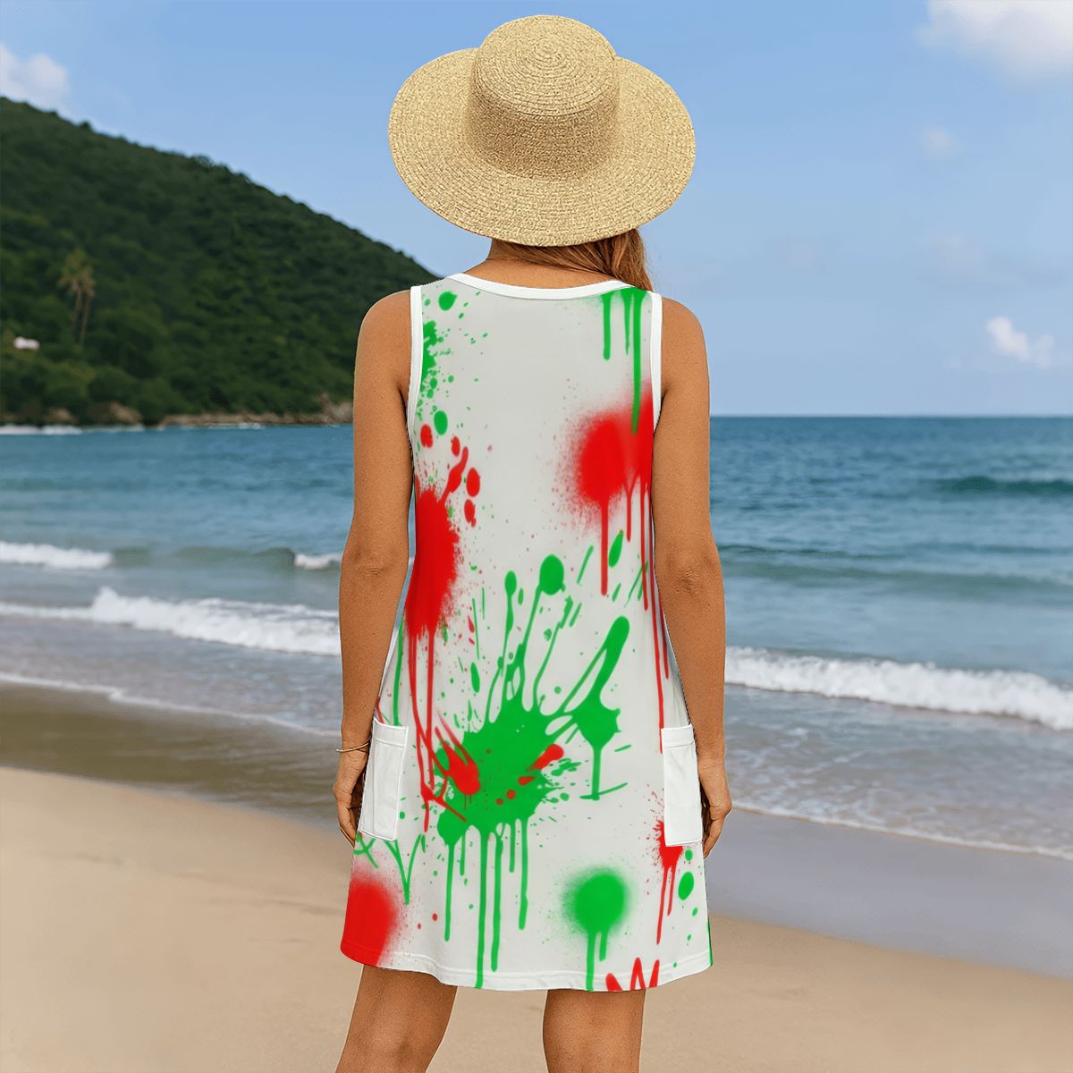 Red Splash Print Sleeveless Dress with Pockets