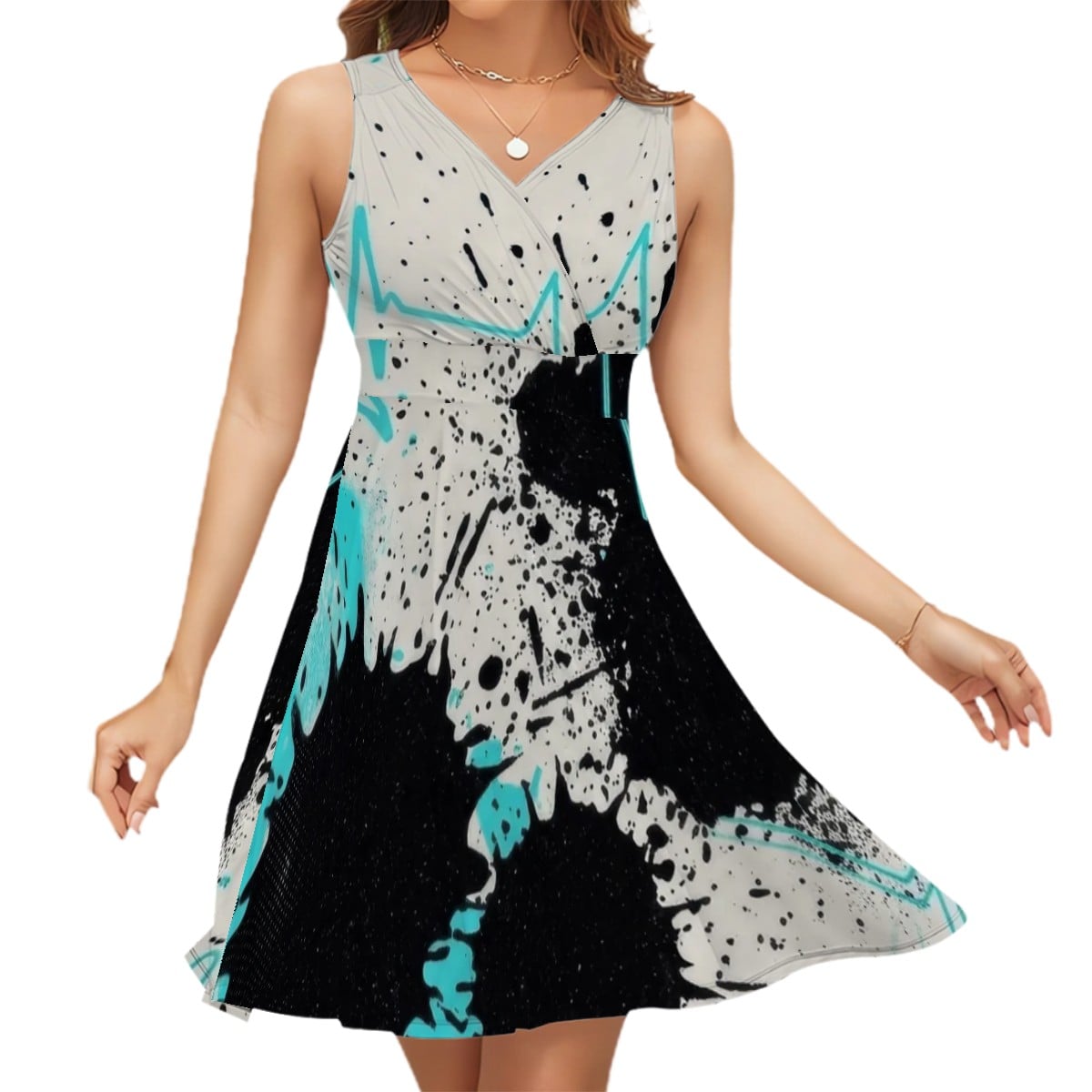 Red & Black Splash Sleeveless V-Neck Dress