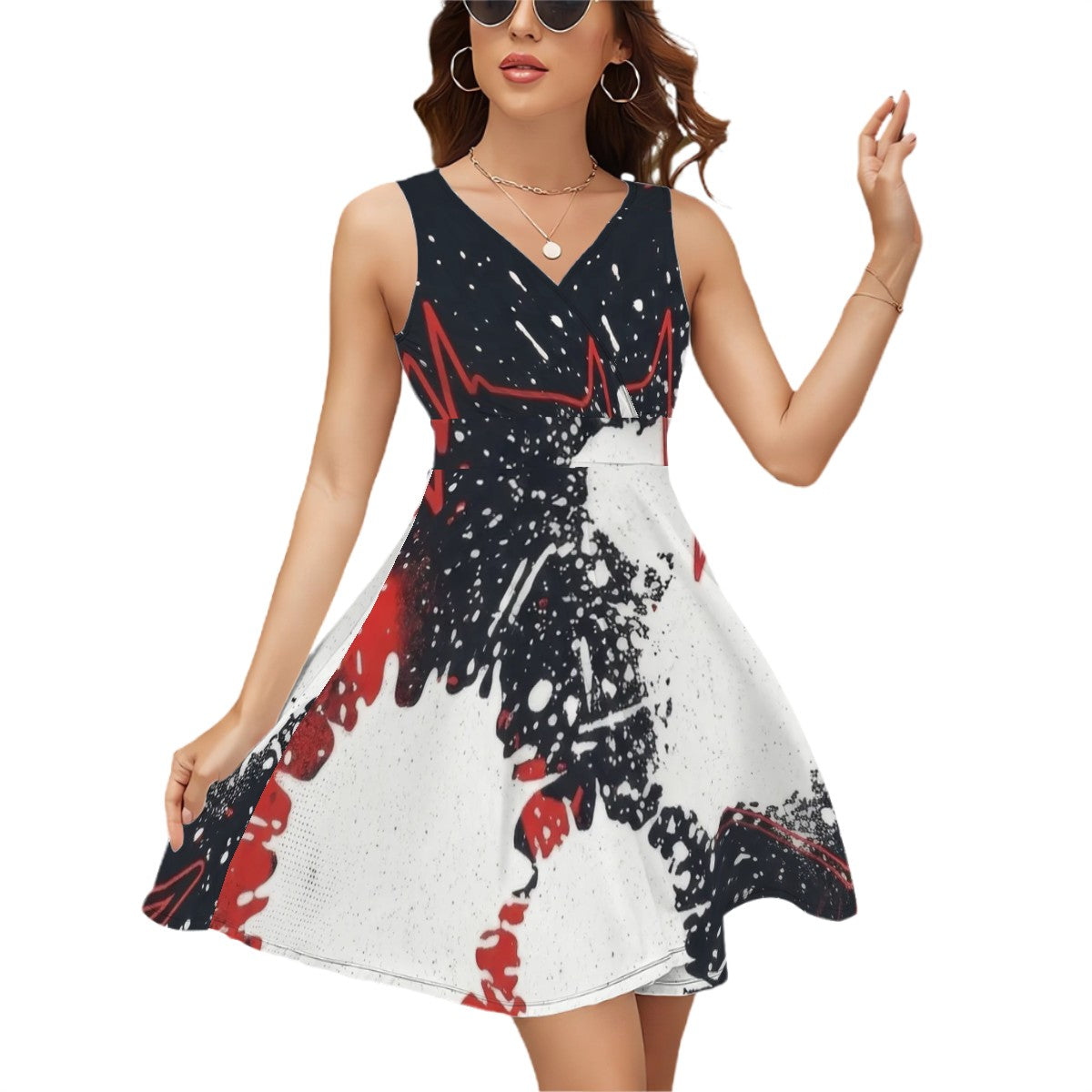 Red & Black Splash Sleeveless V-Neck Dress