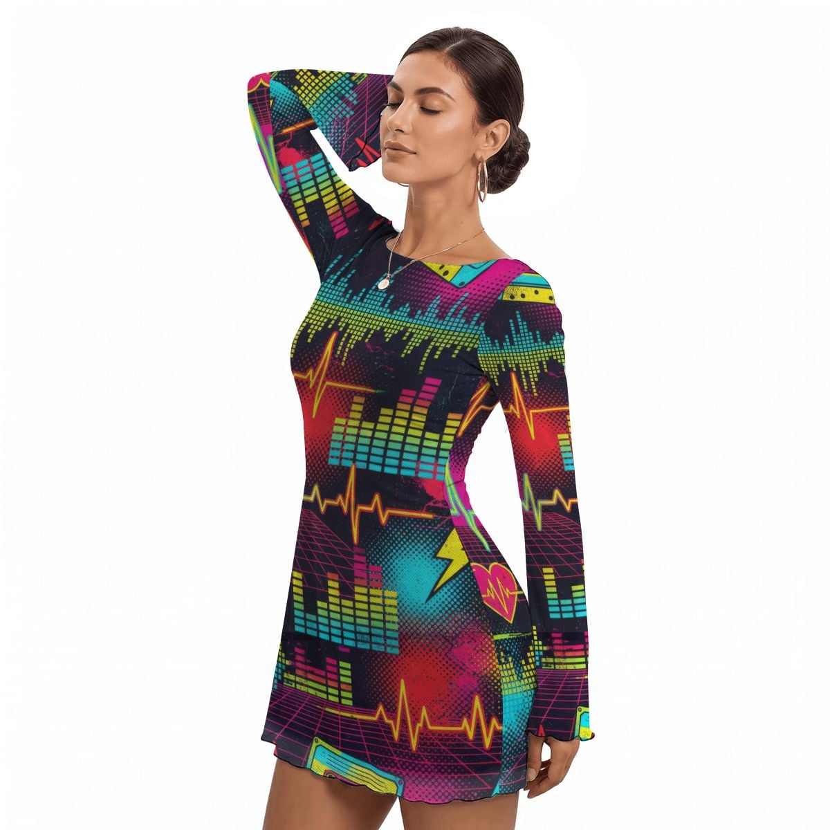 Splatter Print Bell Sleeve Mesh Dress