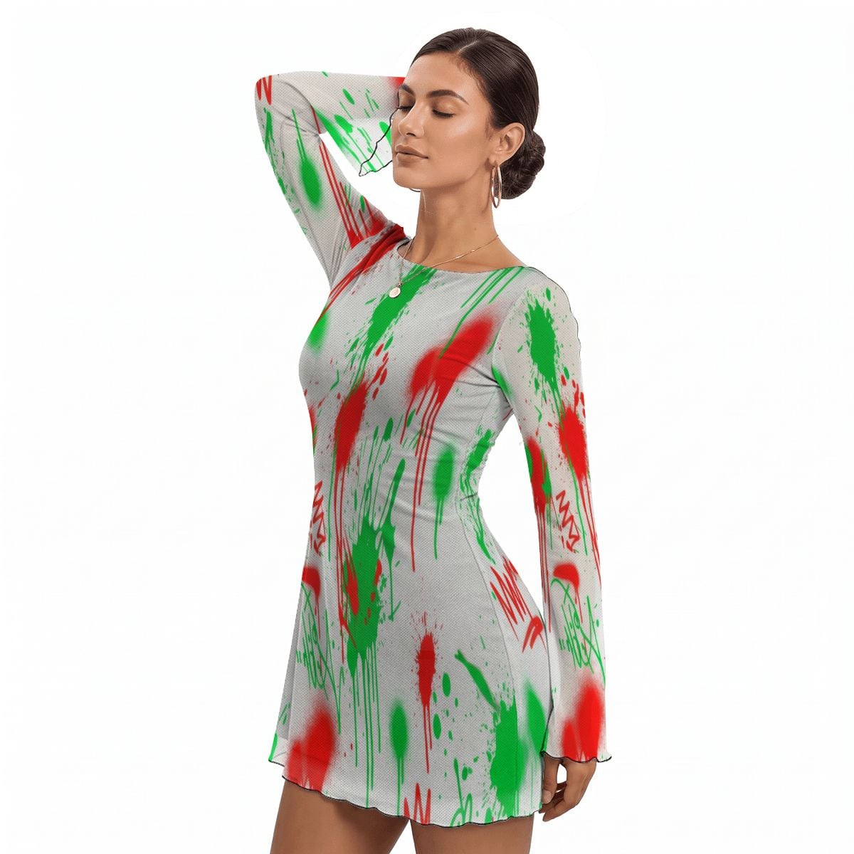 Splatter Print Bell Sleeve Mesh Dress