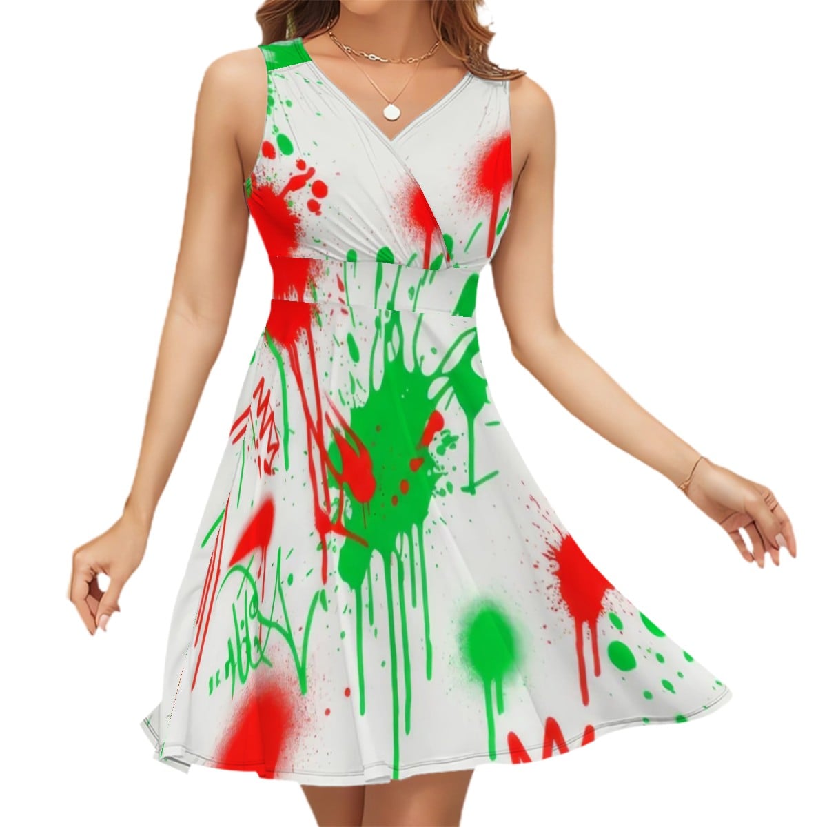 Red & Black Splash Sleeveless V-Neck Dress