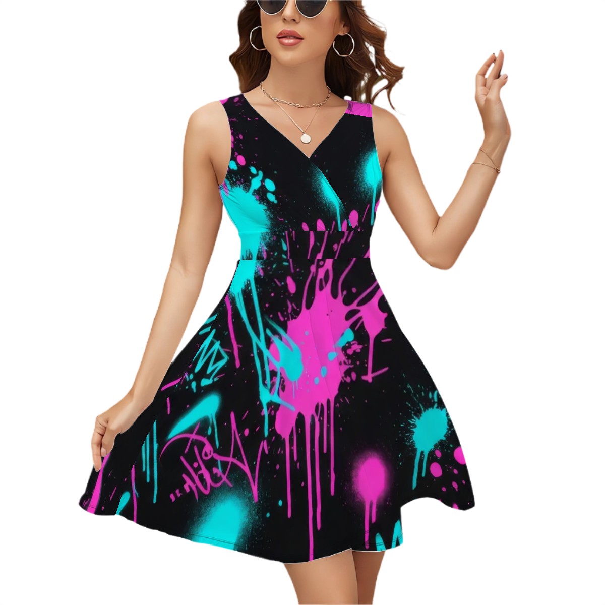 Red & Black Splash Sleeveless V-Neck Dress