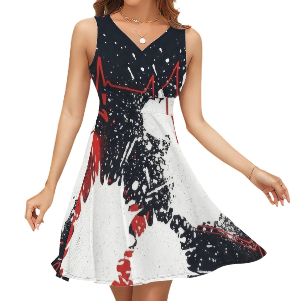 Red & Black Splash Sleeveless V-Neck Dress