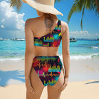 Heartbeat Print One-Shoulder High-Waisted Bikini