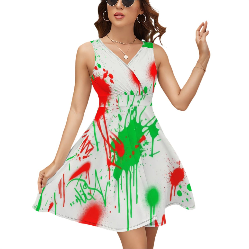 Red & Black Splash Sleeveless V-Neck Dress