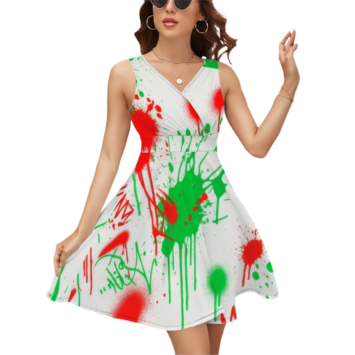 Red & Black Splash Sleeveless V-Neck Dress