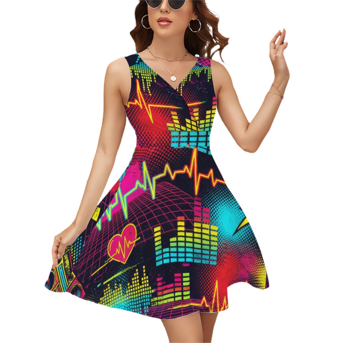 Red & Black Splash Sleeveless V-Neck Dress