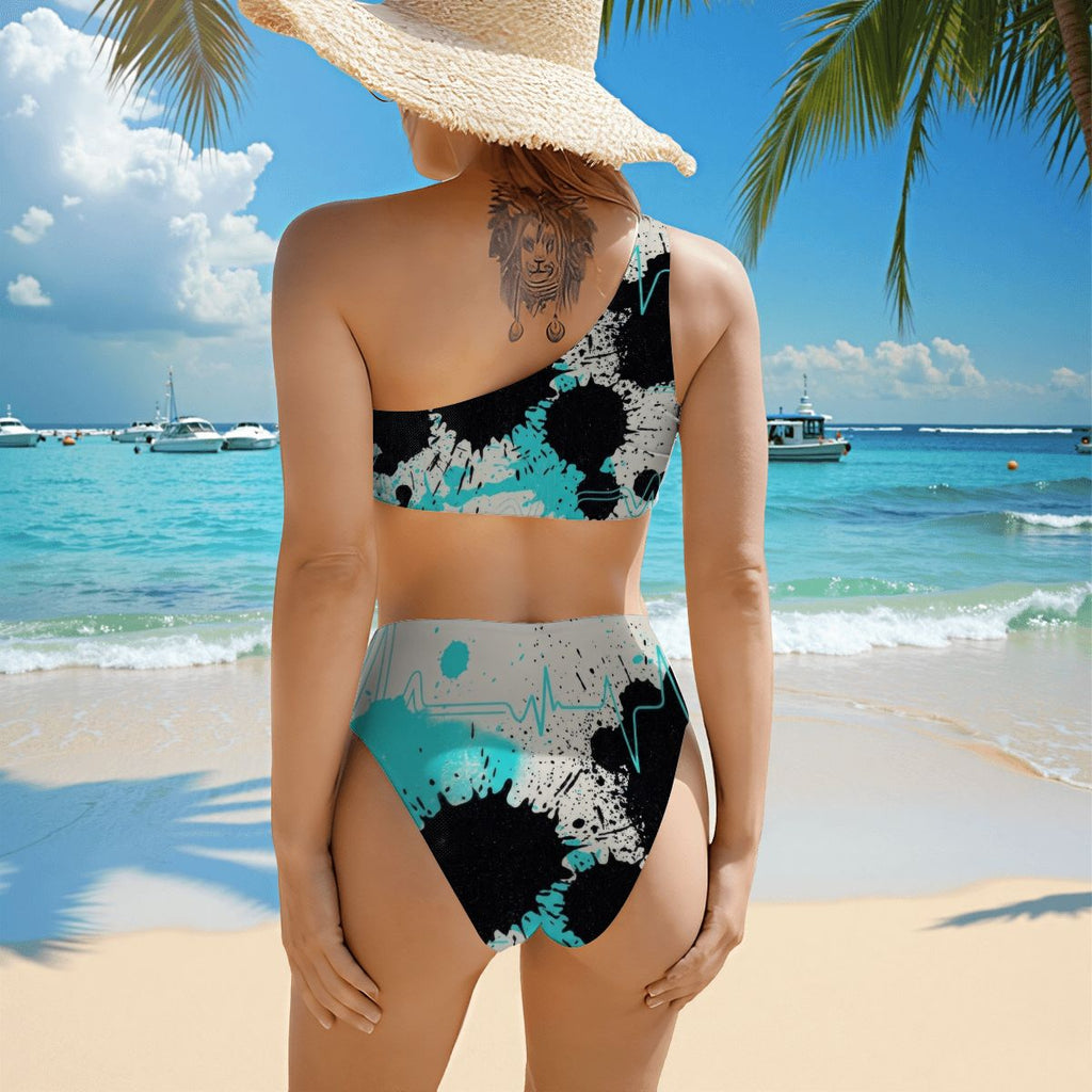 Heartbeat Print One-Shoulder High-Waisted Bikini