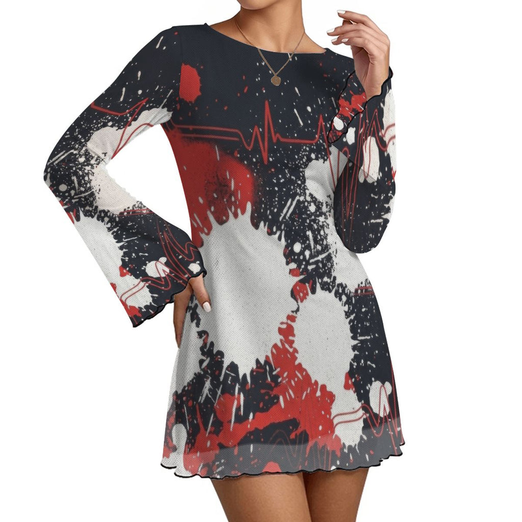 Splatter Print Bell Sleeve Mesh Dress