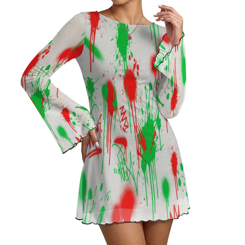 Splatter Print Bell Sleeve Mesh Dress