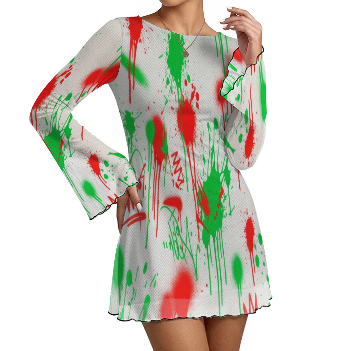 Splatter Print Bell Sleeve Mesh Dress