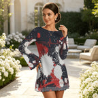 Splatter Print Bell Sleeve Mesh Dress