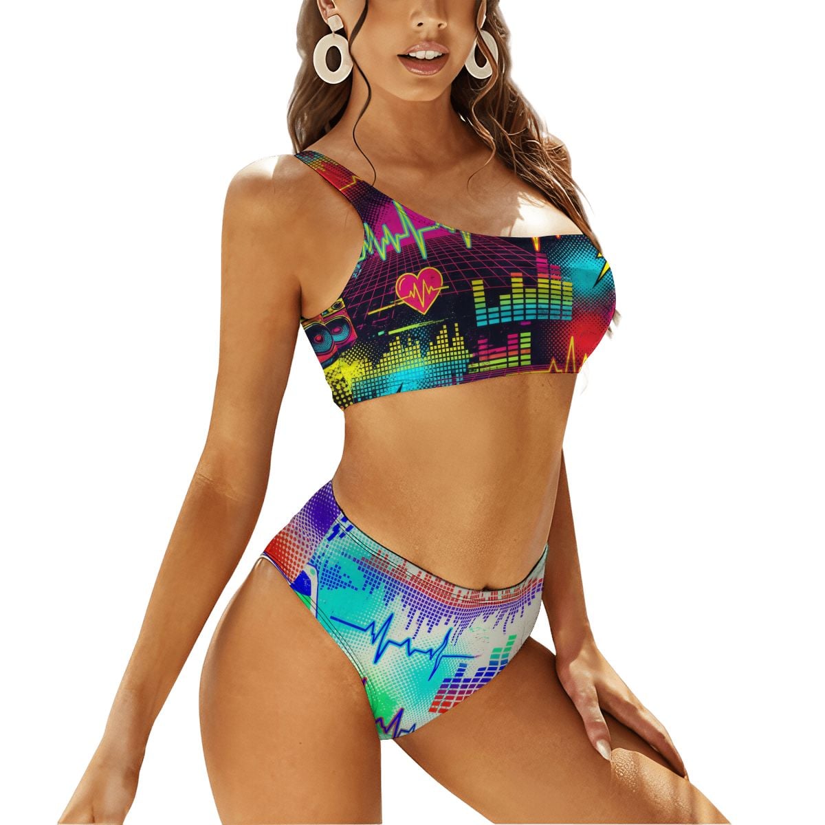 Heartbeat Print One-Shoulder High-Waisted Bikini