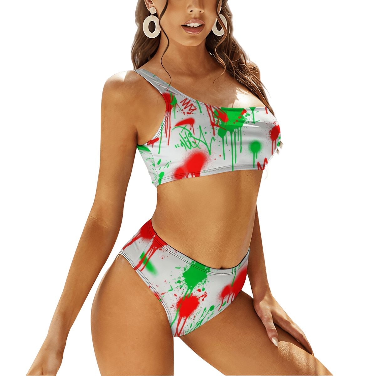 Heartbeat Print One-Shoulder High-Waisted Bikini