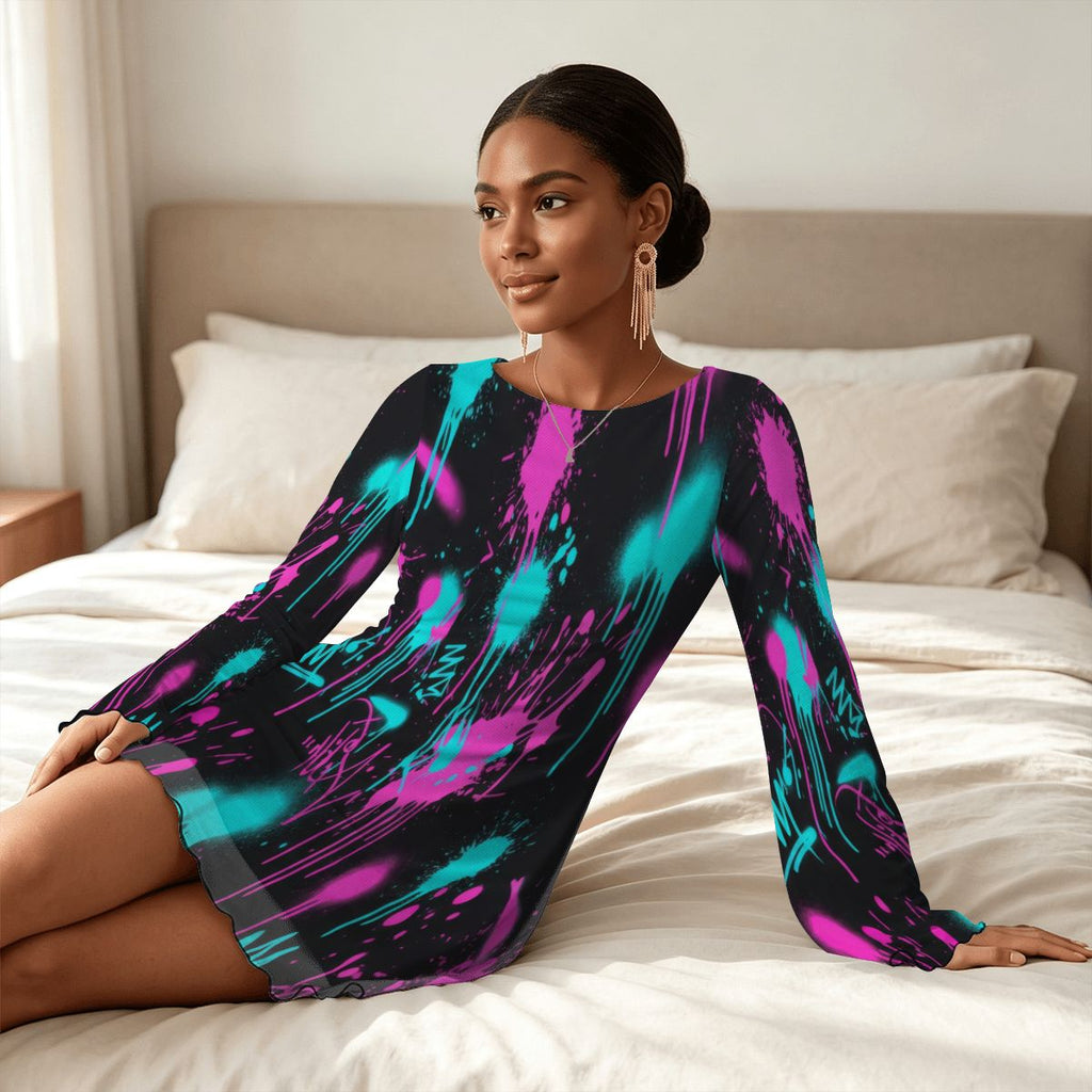 Splatter Print Bell Sleeve Mesh Dress