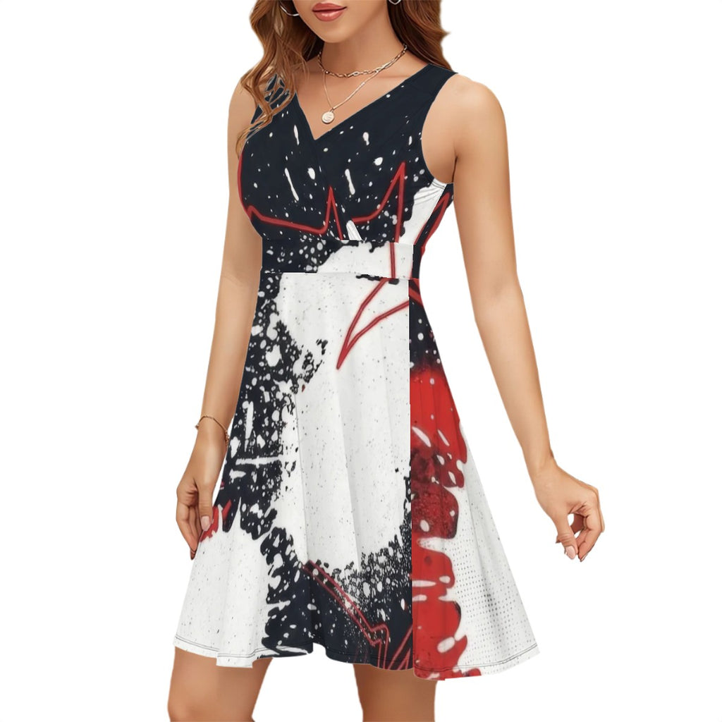 Red & Black Splash Sleeveless V-Neck Dress