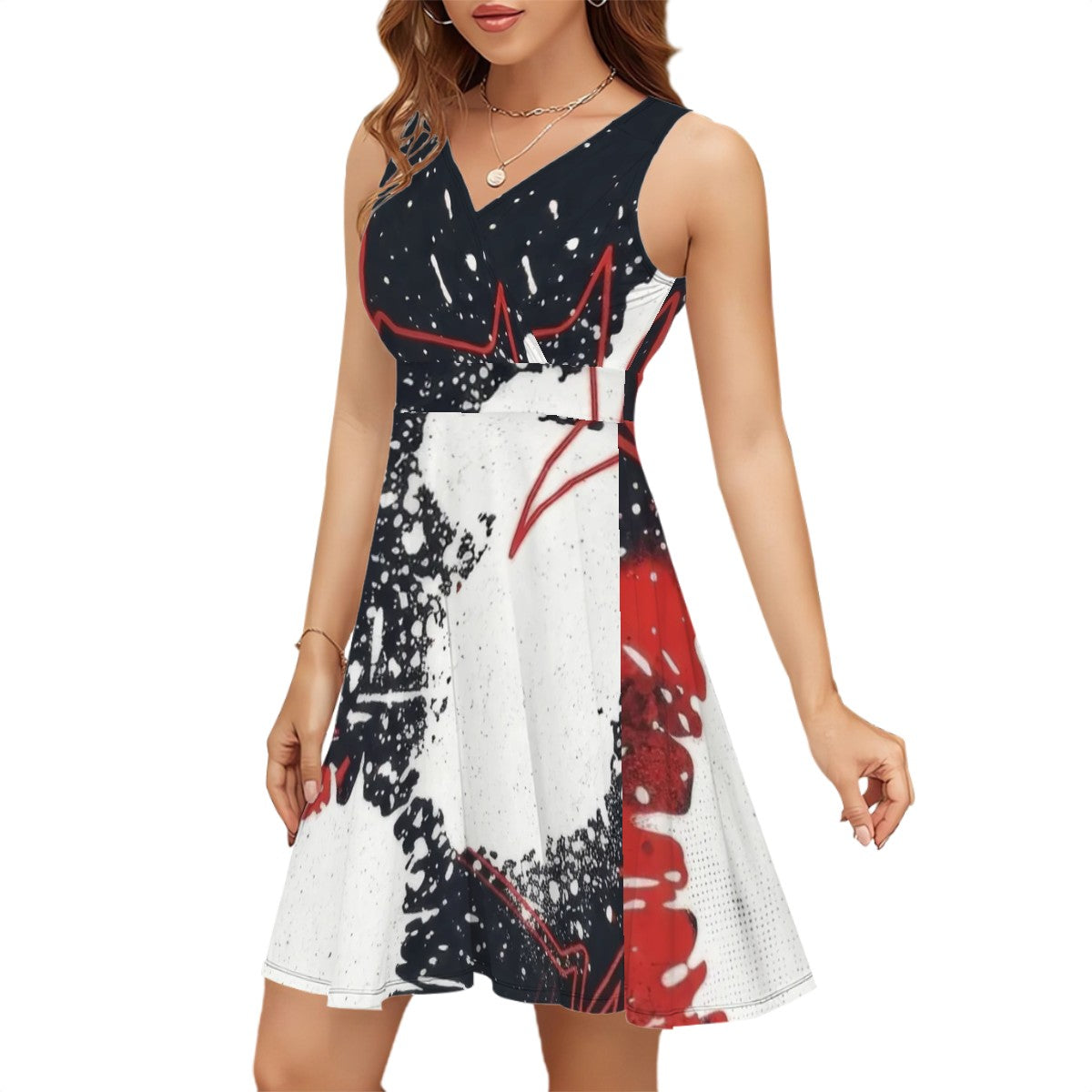 Red & Black Splash Sleeveless V-Neck Dress