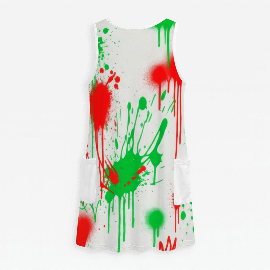 Red Splash Print Sleeveless Dress with Pockets