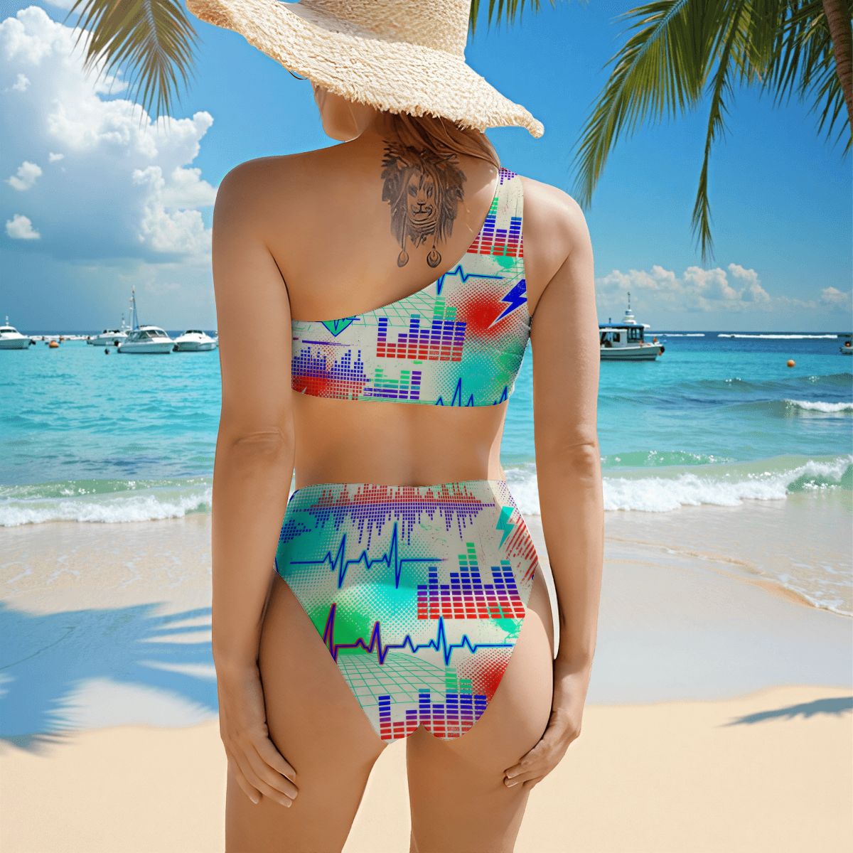 Heartbeat Print One-Shoulder High-Waisted Bikini