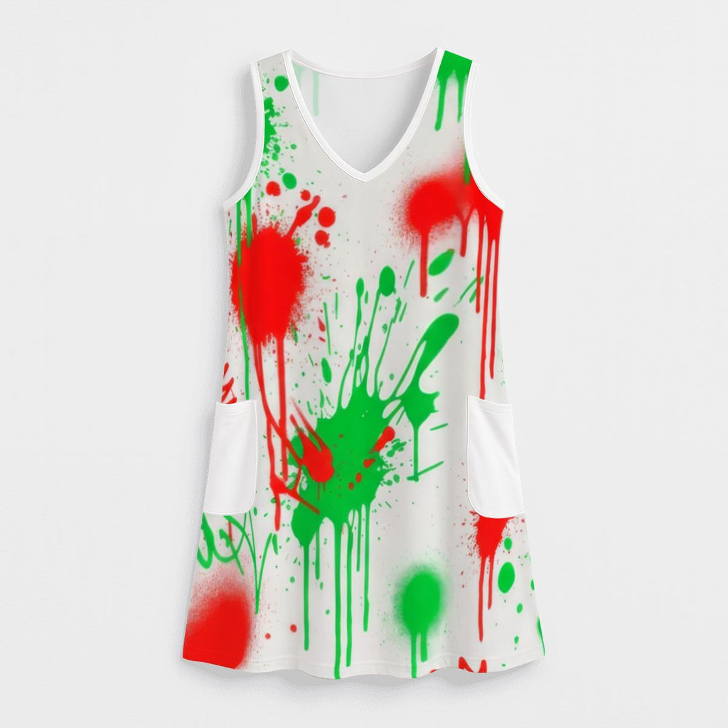 Red Splash Print Sleeveless Dress with Pockets