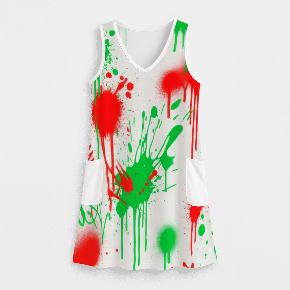 Red Splash Print Sleeveless Dress with Pockets