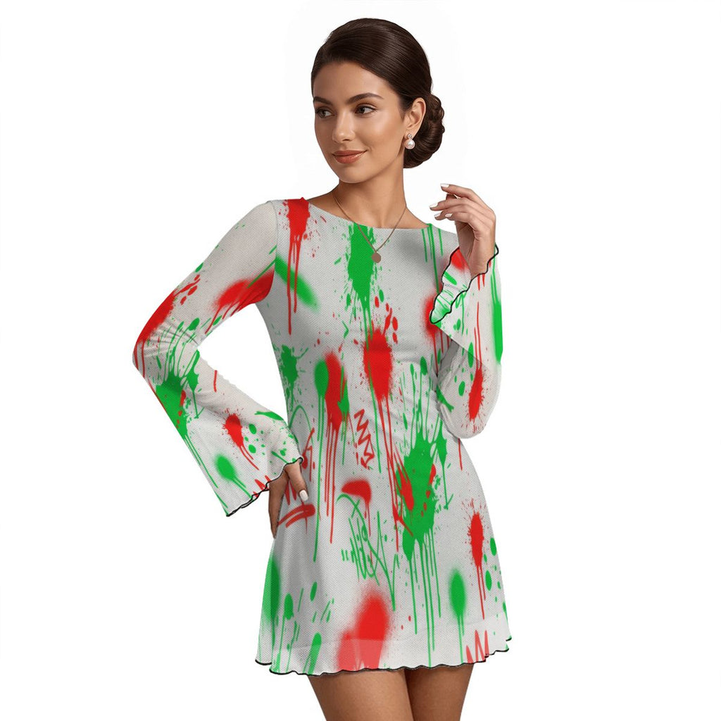 Splatter Print Bell Sleeve Mesh Dress