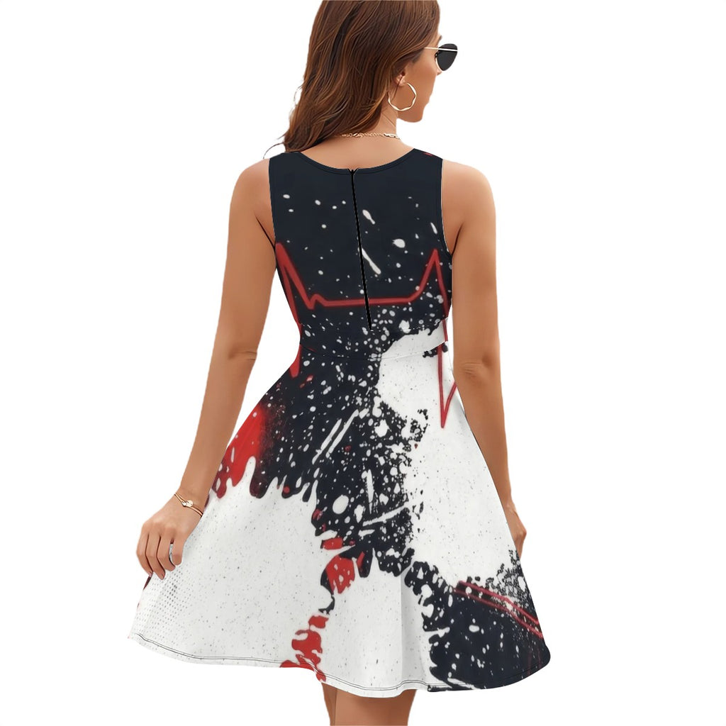 Red & Black Splash Sleeveless V-Neck Dress