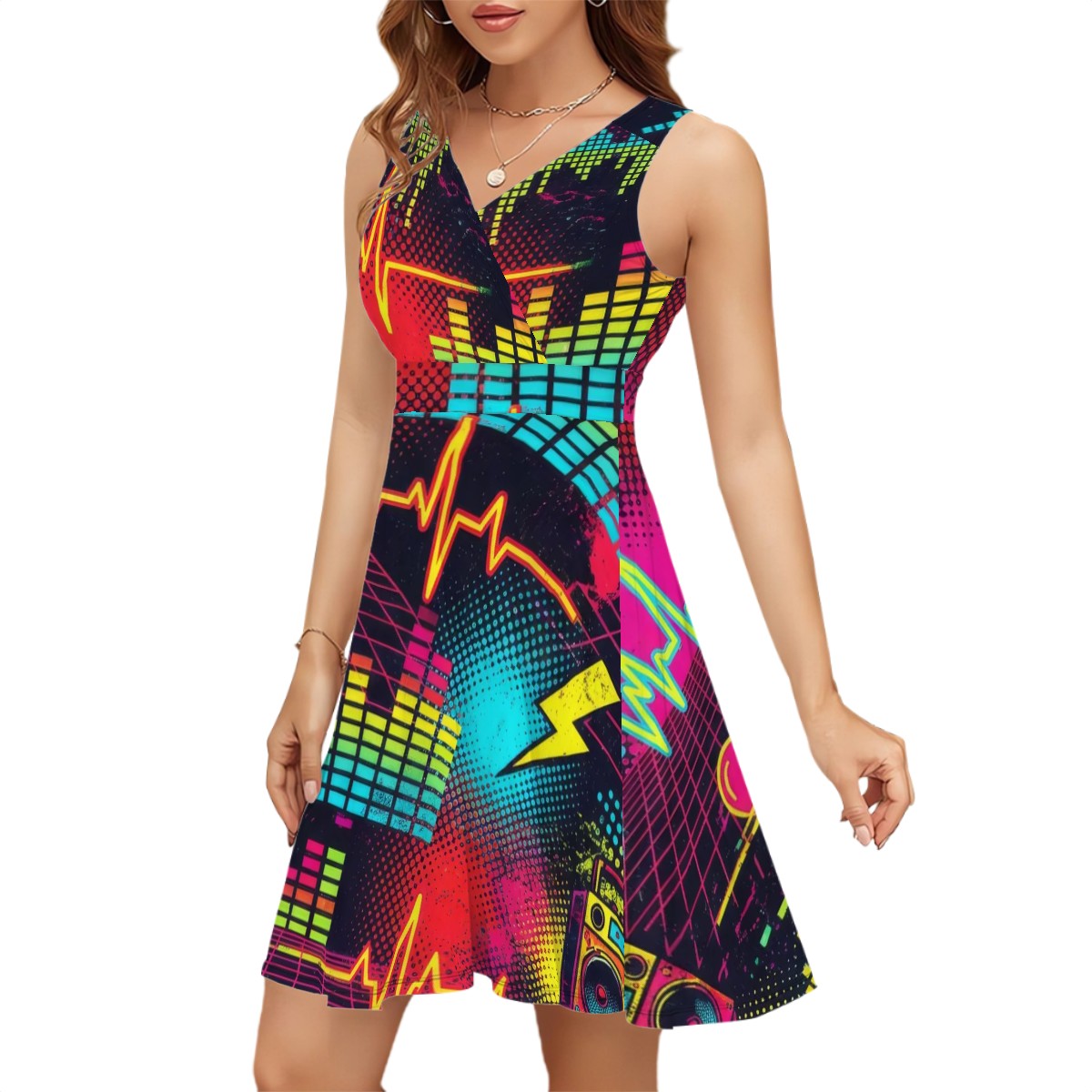 Red & Black Splash Sleeveless V-Neck Dress