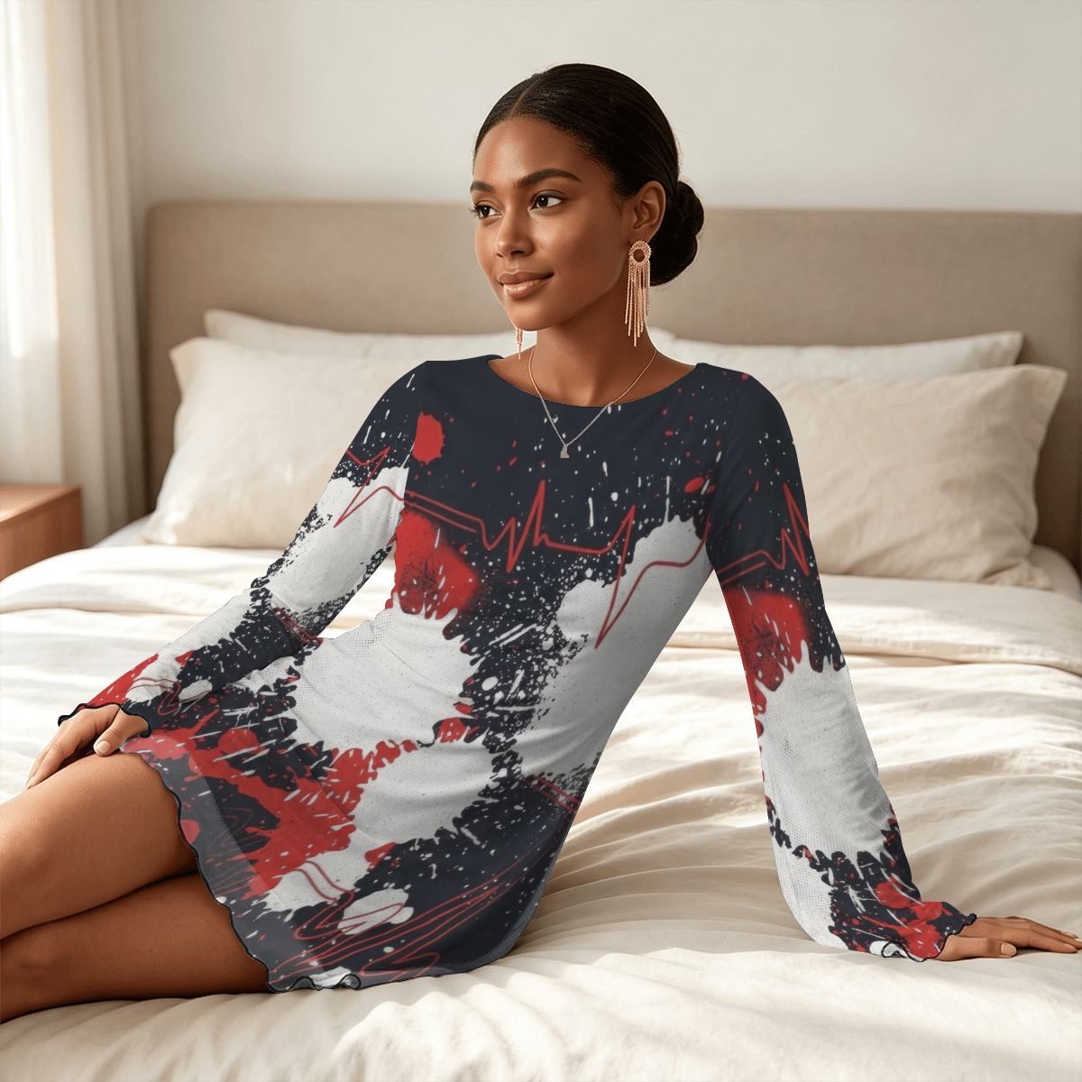 Splatter Print Bell Sleeve Mesh Dress