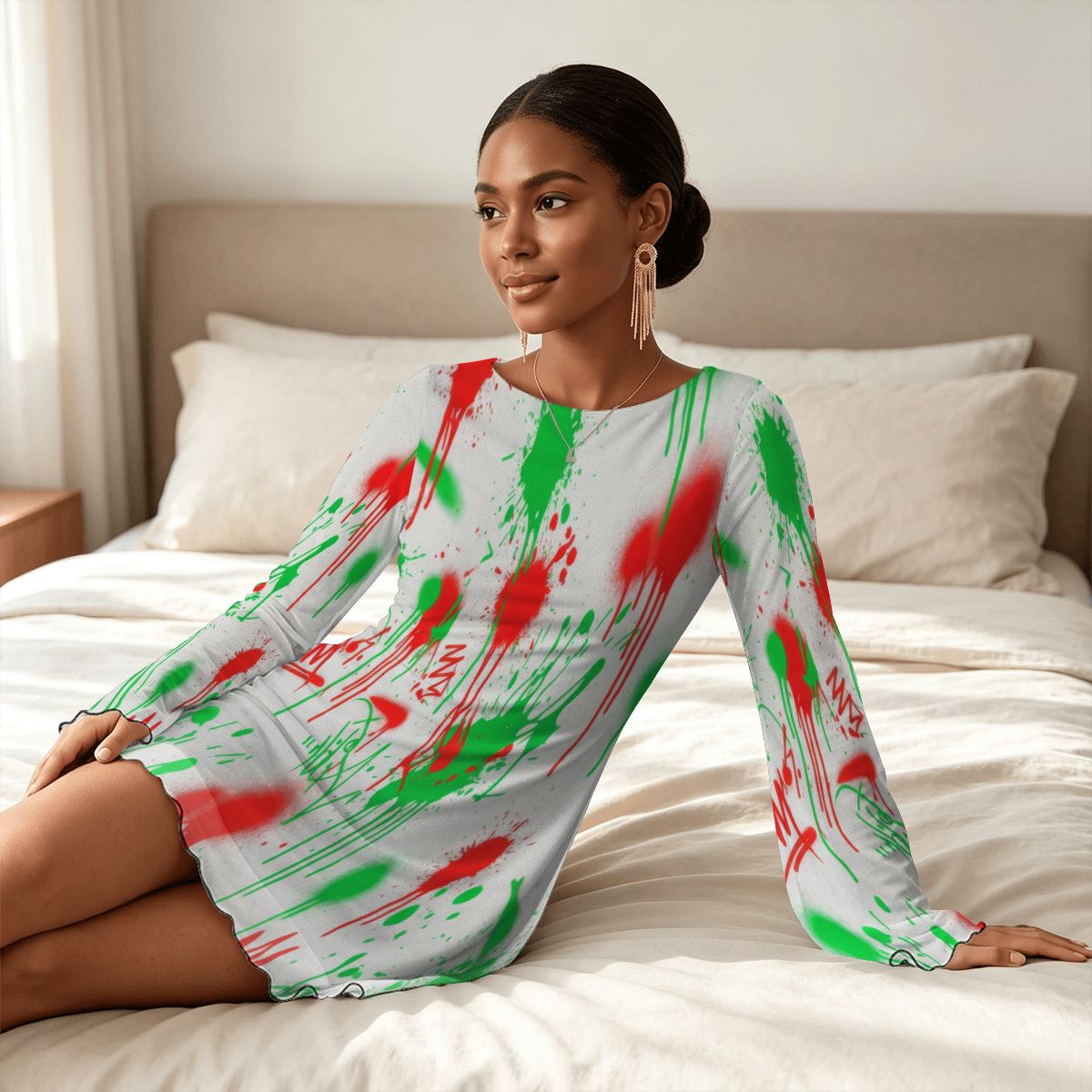 Splatter Print Bell Sleeve Mesh Dress