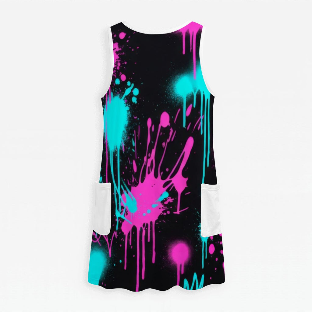 Red Splash Print Sleeveless Dress with Pockets