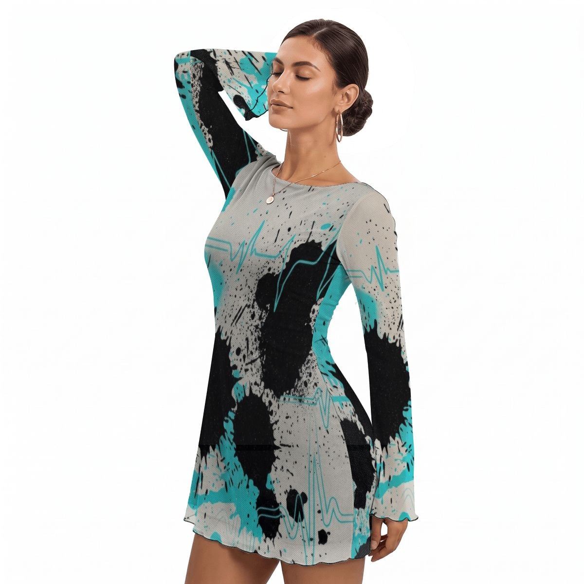 Splatter Print Bell Sleeve Mesh Dress