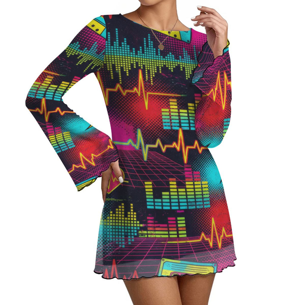 Splatter Print Bell Sleeve Mesh Dress