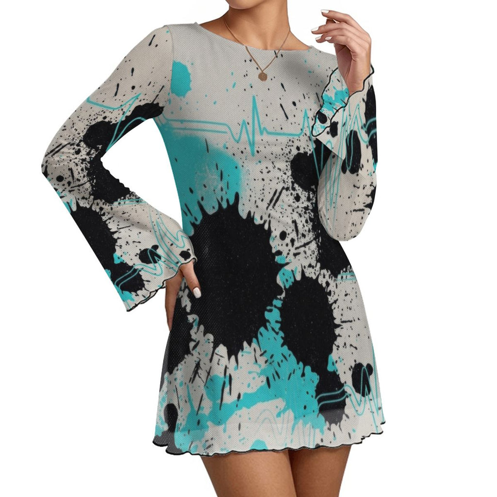 Splatter Print Bell Sleeve Mesh Dress