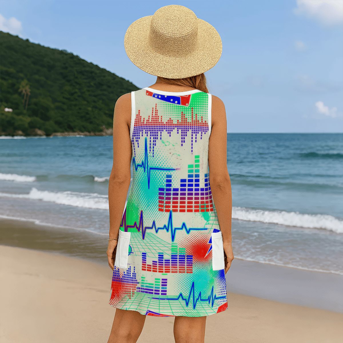 Red Splash Print Sleeveless Dress with Pockets
