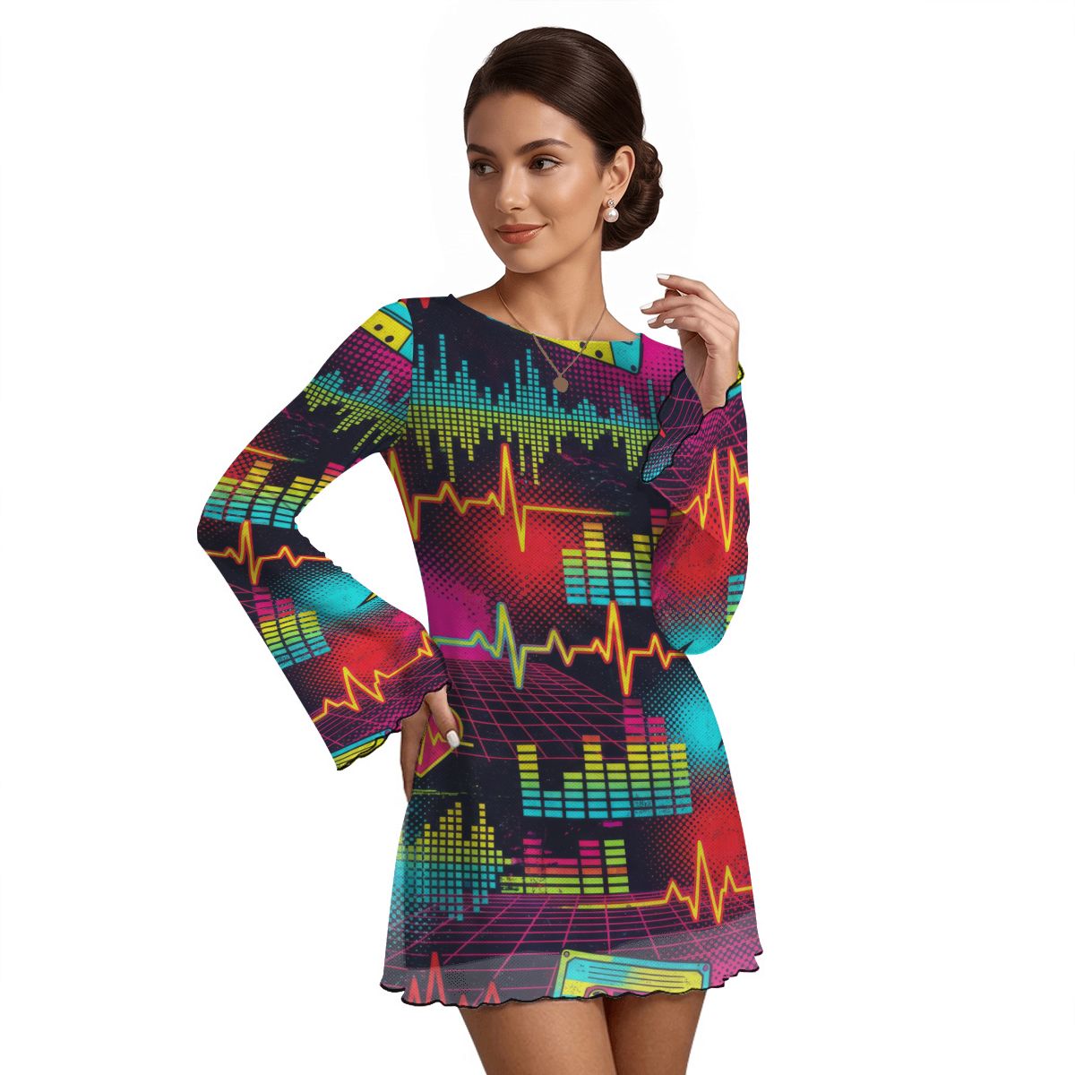 Splatter Print Bell Sleeve Mesh Dress