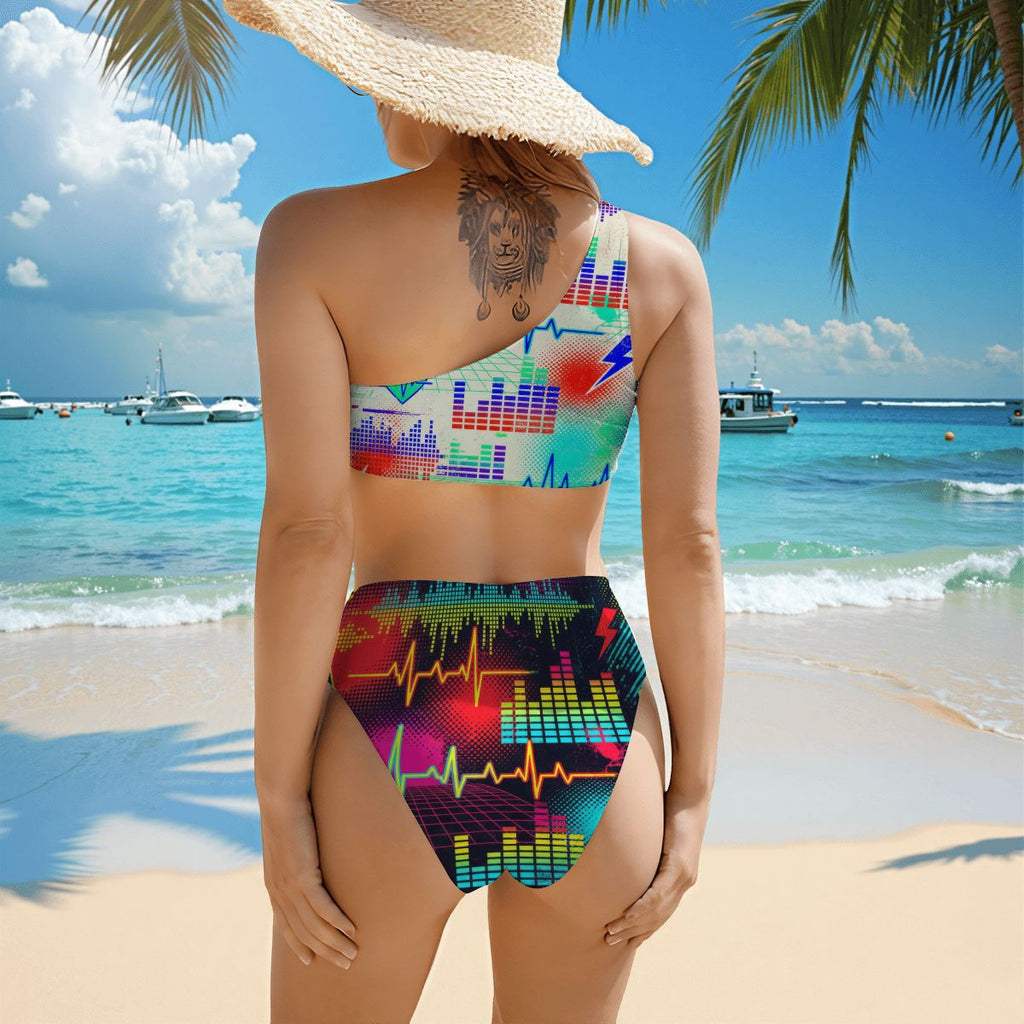Heartbeat Print One-Shoulder High-Waisted Bikini